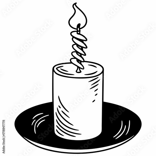 A simple black and white line drawing illustration of a lit candle with a twisted wick standing on a dark saucer symbolizing light and warmth