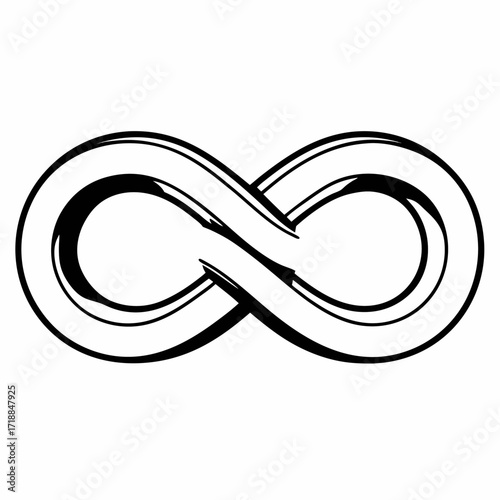 A stylized black and white infinity symbol with a bold outline and subtle shading suggesting depth and dimension representing eternity and endlessness