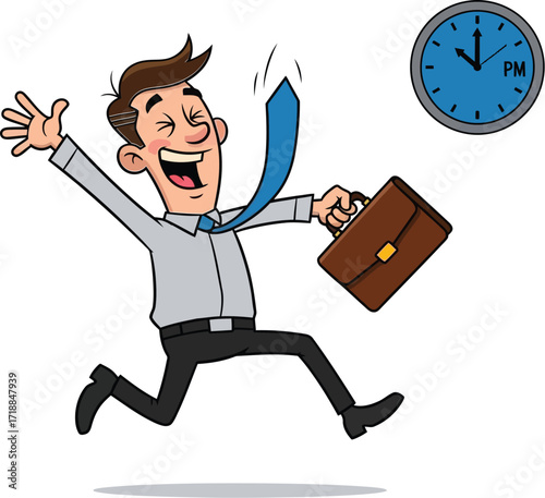 Happy businessman running late with briefcase and clock pm