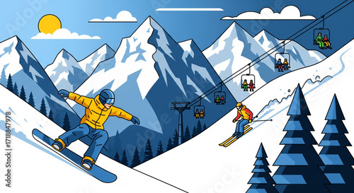 Illustration of skiers and snowboarders enjoying a snowy mountain landscape with a chairlift under a sunny sky.