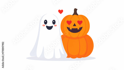 Cute cartoon ghost and pumpkin couple sharing love and Halloween spirit, perfect for holiday decorations and design