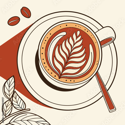 A top down view of a delightful cup of coffee with intricate latte art and coffee beans and leaves in a minimalist artistic style