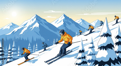 Skiers descend a snowy mountain slope, enjoying a winter day.