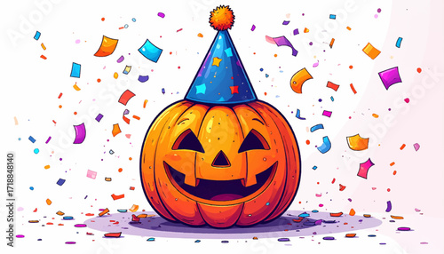 Happy Halloween Pumpkin Celebration Festive Illustration with Confetti and Party Hat - Joyful Design
