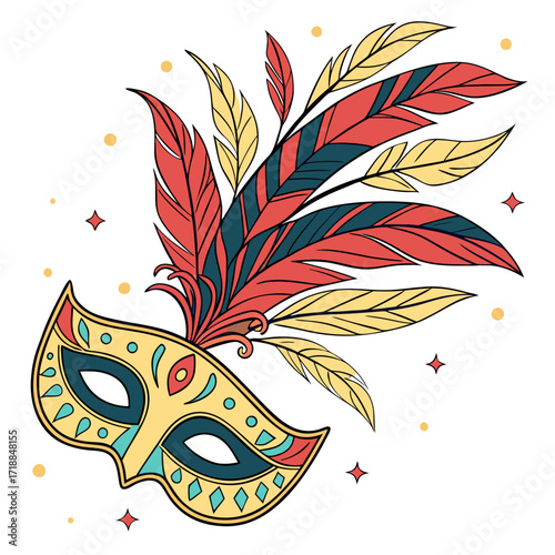 A vibrant and decorative masquerade mask adorned with colorful feathers and festive confetti perfect for celebrations and parties