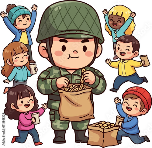 soldier sharing snacks a heartwarming cartoon illustration of a kind soldier sharing snacks with happy children, isolated on transparent background