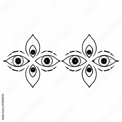 Abstract black and white symmetrical design featuring multiple stylized eyes and petal shapes creating a mystical ornamental border element