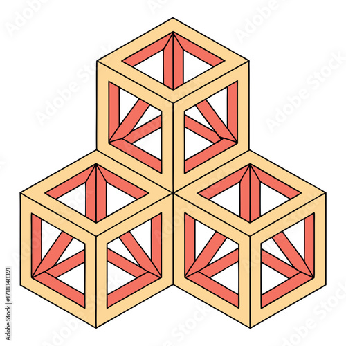 Abstract geometric composition of three interconnected cubic structures with internal triangular bracing in a light yellow and coral color palette on a white background