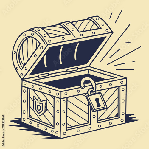 An open antique wooden treasure chest with a padlock unlocked and light rays emanating from within on a simple cream background