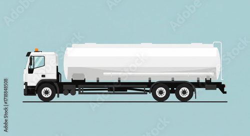 A side view illustration of a white fuel tanker truck, ready for transportation.