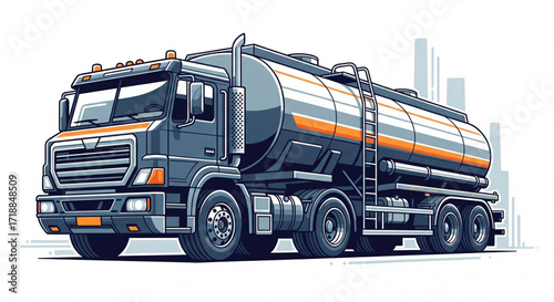 A gray and orange tanker truck with a ladder is shown against a blurred cityscape backdrop.