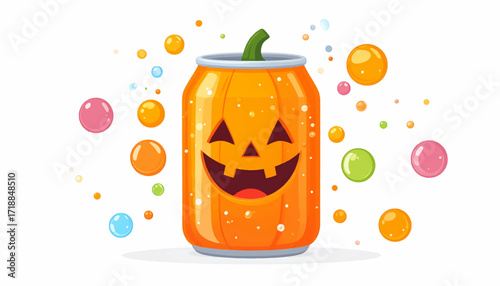 Festive Halloween Pumpkin Soda Can with Bubbles - A Spooky and Fun Beverage Design