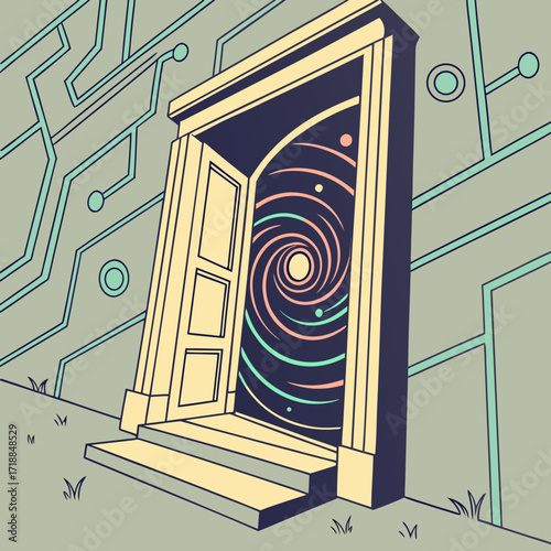 An open doorway reveals a swirling vortex of cosmic energy and distant stars against a backdrop of futuristic circuit board patterns and stylized grass