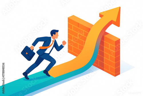 Dynamic businessman overcoming challenges and soaring to success, jumping over brick wall