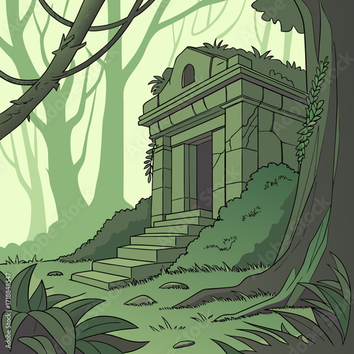 Ancient stone temple overgrown with lush green vegetation and vines in a dense mysterious jungle setting with a light green background