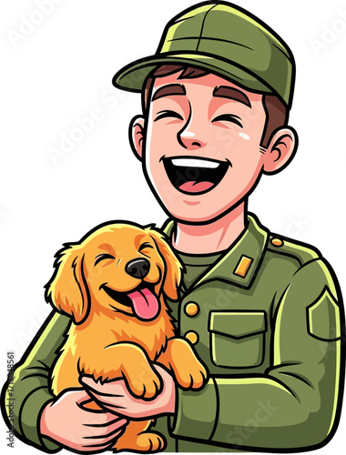 soldiers joyful embrace a heartwarming cartoon of military camaraderie and canine companionship, isolated on transparent background
