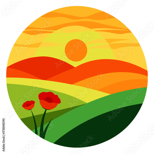 Orange and yellow sky rolling hills lone tree on horizon lush green field with red poppies landscape vector on white background.