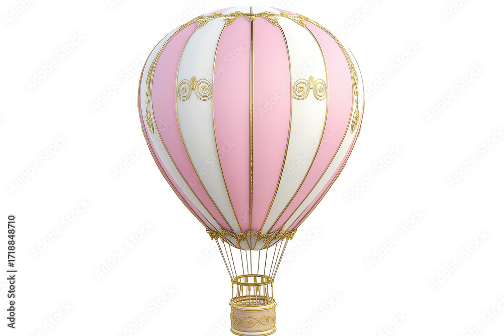 Obraz premium Elegant pink and white striped hot air balloon ornament isolated on transparent background. Pink and white hot air balloon with gold detailing isolated on white background.