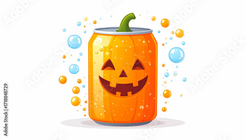 Whimsical Halloween Pumpkin Soda Can Illustration with Fizzy Bubbles. A vibrant, festive drink concept perfect for spooky season celebrations and autumn fun