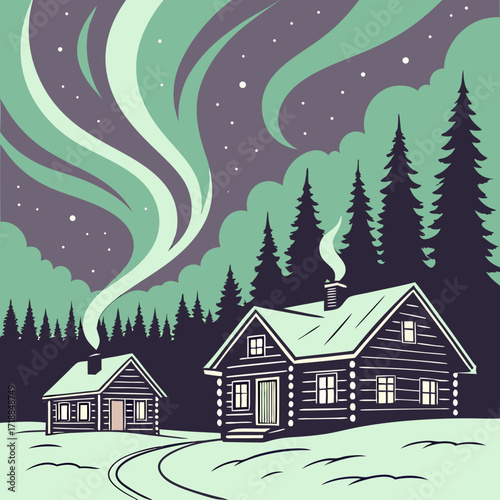 Cozy log cabins nestled in a snowy forest under a vibrant green aurora borealis sky with twinkling stars