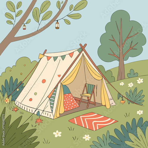 Cozy glamping tent set up in a lush green meadow with trees and flowers decorated with festive bunting and string lights for a peaceful outdoor adventure