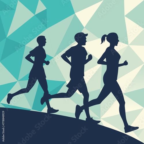 Diverse group of three people running uphill in silhouette against a vibrant geometric abstract background representing movement and energy