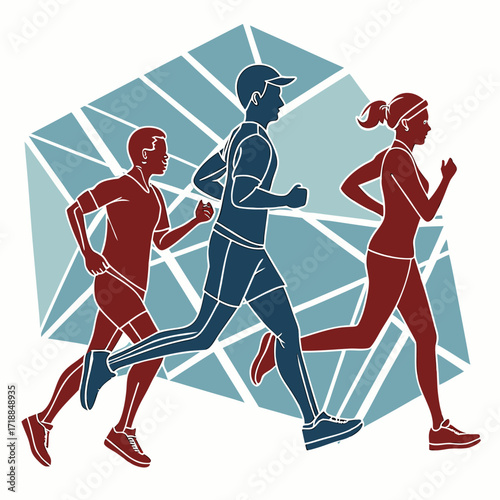 Diverse group of runners in silhouette men and women of different ages in motion against a stylized geometric background representing fitness and competition