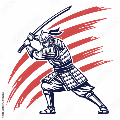 Dynamic illustration of a fierce samurai warrior in traditional armor wielding a katana sword in a powerful stance with red brush stroke background