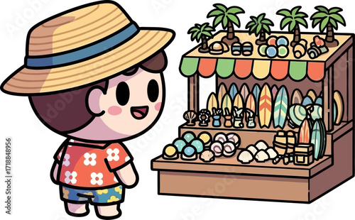 summer beach shop boys delightful souvenir hunt, isolated on transparent background