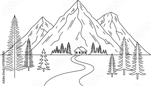 Mountain landscape with house and trees in line art style