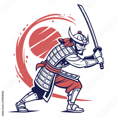 Dynamic illustration of a fierce samurai warrior in traditional armor holding a katana sword ready for battle against a stylized red sun background