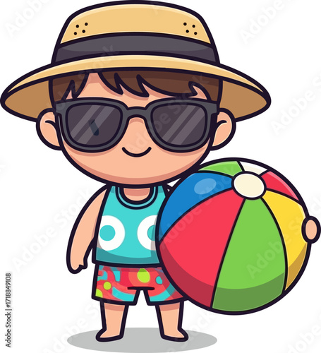 summer fun cool kid with beach ball ready for vacation, isolated on transparent background