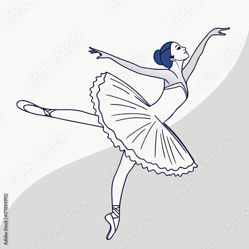 Elegant ballerina in a graceful pose showcasing her delicate movements and classic tutu in a minimalist line art style against a soft grey background