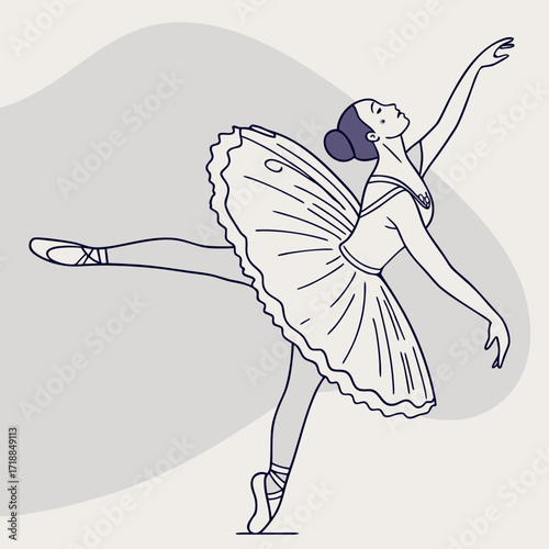 Elegant ballerina in a graceful pose showcasing a delicate tutu and pointe shoes captured in a minimalist line art style with a soft pastel background