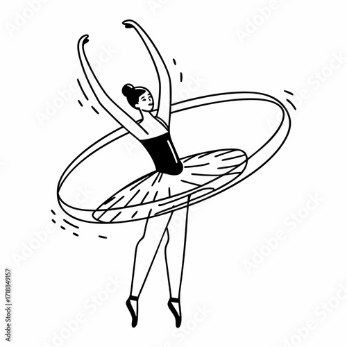 Elegant black and white line art illustration of a graceful ballerina performing a pirouette with her arms outstretched and tutu swirling dynamically around her