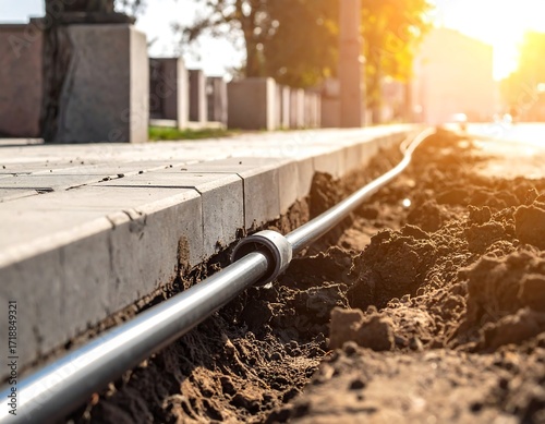 Metal conduit in trench, urban sidewalk repair