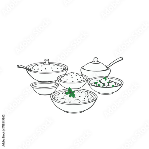 An artistic hand-drawn sketch capturing the classic Vector style silhouette of Turkish dishes on a white canvas, conveying timeless and elegant appeal, presented in a lively Color sketchnote style.