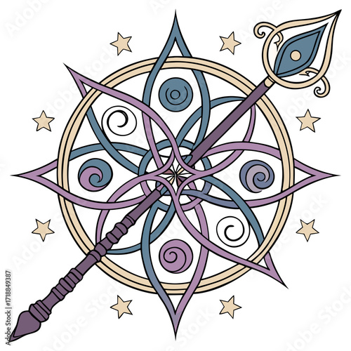 Enchanting magical staff with intricate celtic knotwork starburst design and celestial stars symbolizing power fantasy and arcane energy