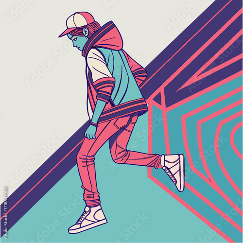 Energetic young person in stylish streetwear and baseball cap running with dynamic graphic background in vibrant teal pink and purple colors