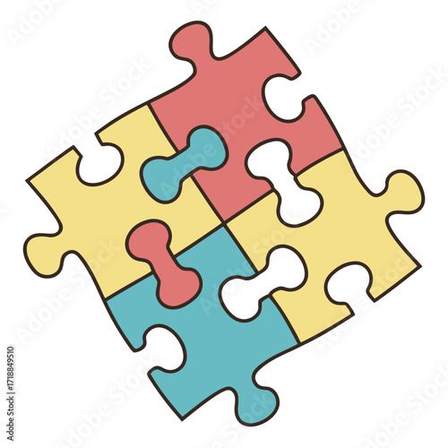 Four colorful puzzle pieces in red yellow and blue are interlocked together forming a cohesive unit on a white background