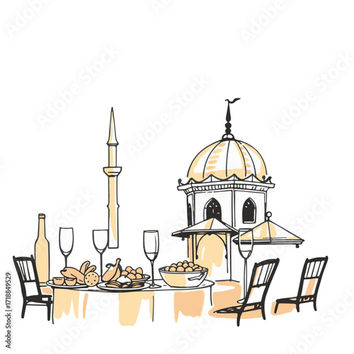 An evocative hand-drawn sketch rendering the classic Vector style silhouette of Turkish fare on a white background, evoking timeless elegance, in a colorful Color sketchnote style.