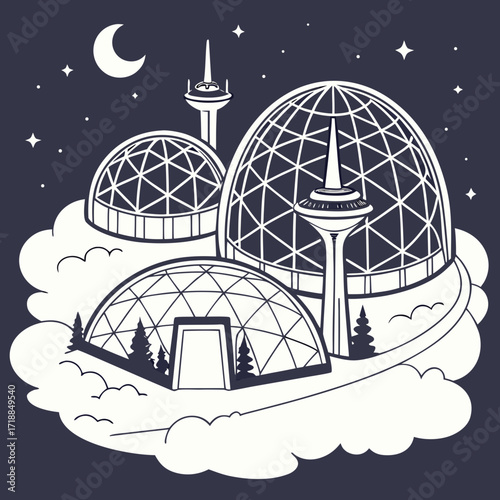 Futuristic geodesic domes and observation towers rise majestically against a starry night sky with a crescent moon illuminating the scene
