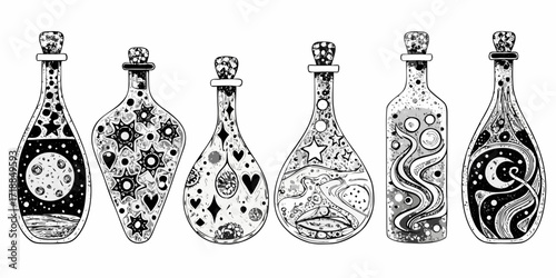 Collection of six unique black and white illustrated potion bottles filled with whimsical and magical elements