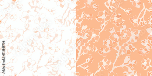 Delicate peach blossom branch pattern on white and orange backgrounds