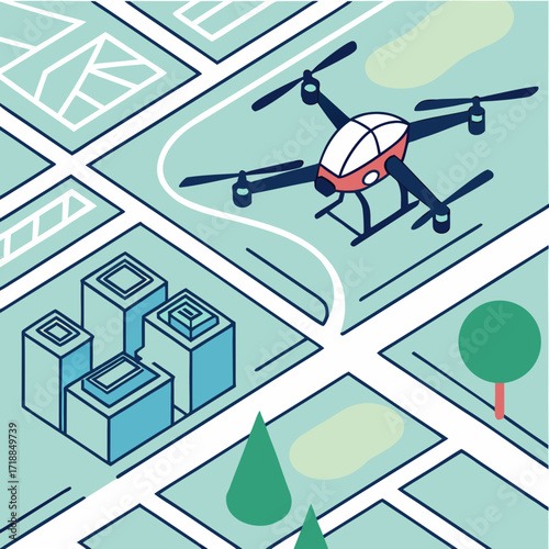 Isometric drone flying over a stylized city map with buildings roads and green spaces representing urban technology and logistics