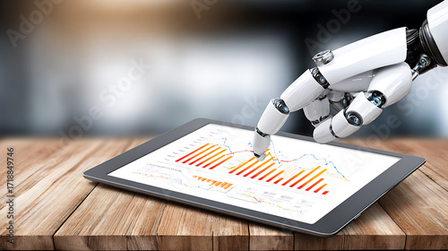 Robotic hand pointing at financial chart on digital tablet