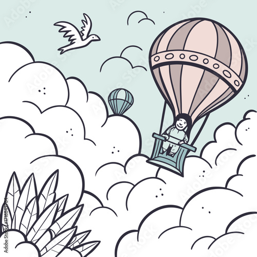 Joyful child rides in a whimsical hot air balloon soaring through fluffy clouds with a bird flying nearby in a delightful illustration