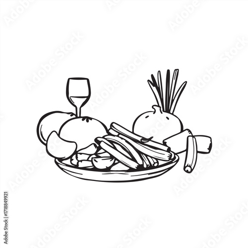 A timeless and elegant depiction of Turkish food as a classic black and white vector silhouette, created with rough, hand-drawn lines and textured pencil strokes on a white canvas.