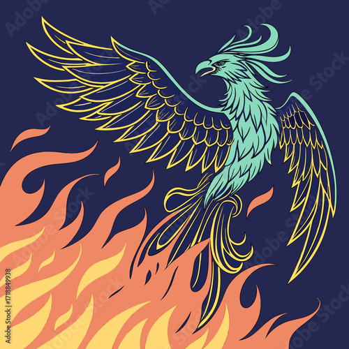 Majestic mythical phoenix bird with vibrant teal and gold plumage soaring upwards from fiery flames against a dark blue background