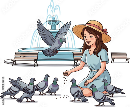 summers gentle kindness girl feeding pigeons by a fountain, isolated on transparent background